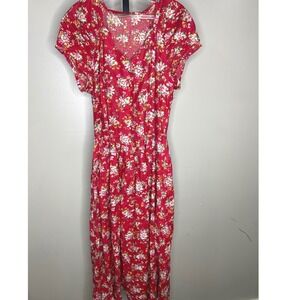 Vintage Laura Ashley MEDIUM Red Floral Tea Dress Made in Great Britain Cotton